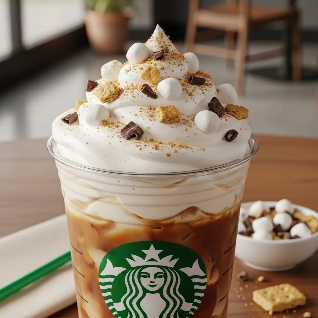 Iced coffee topped with s’mores cream cold foam, garnished with crushed graham crackers, mini marshmallows, and chocolate shavings.