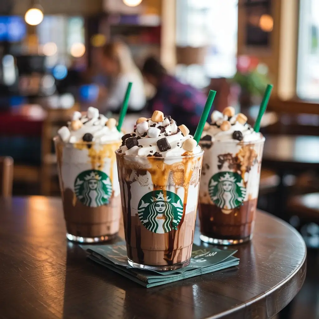 Three dessert-style iced coffee drinks with cold foam, chocolate and caramel drizzle, and cookie toppings on a café table.