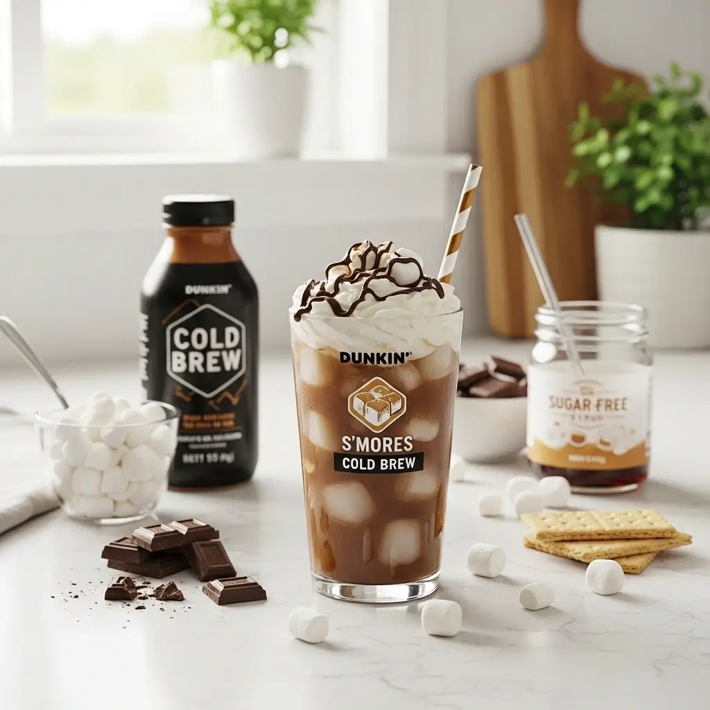 Homemade Dunkin’ S’mores Cold Brew in a clear glass with whipped cream and toppings on a kitchen counter with ingredients.