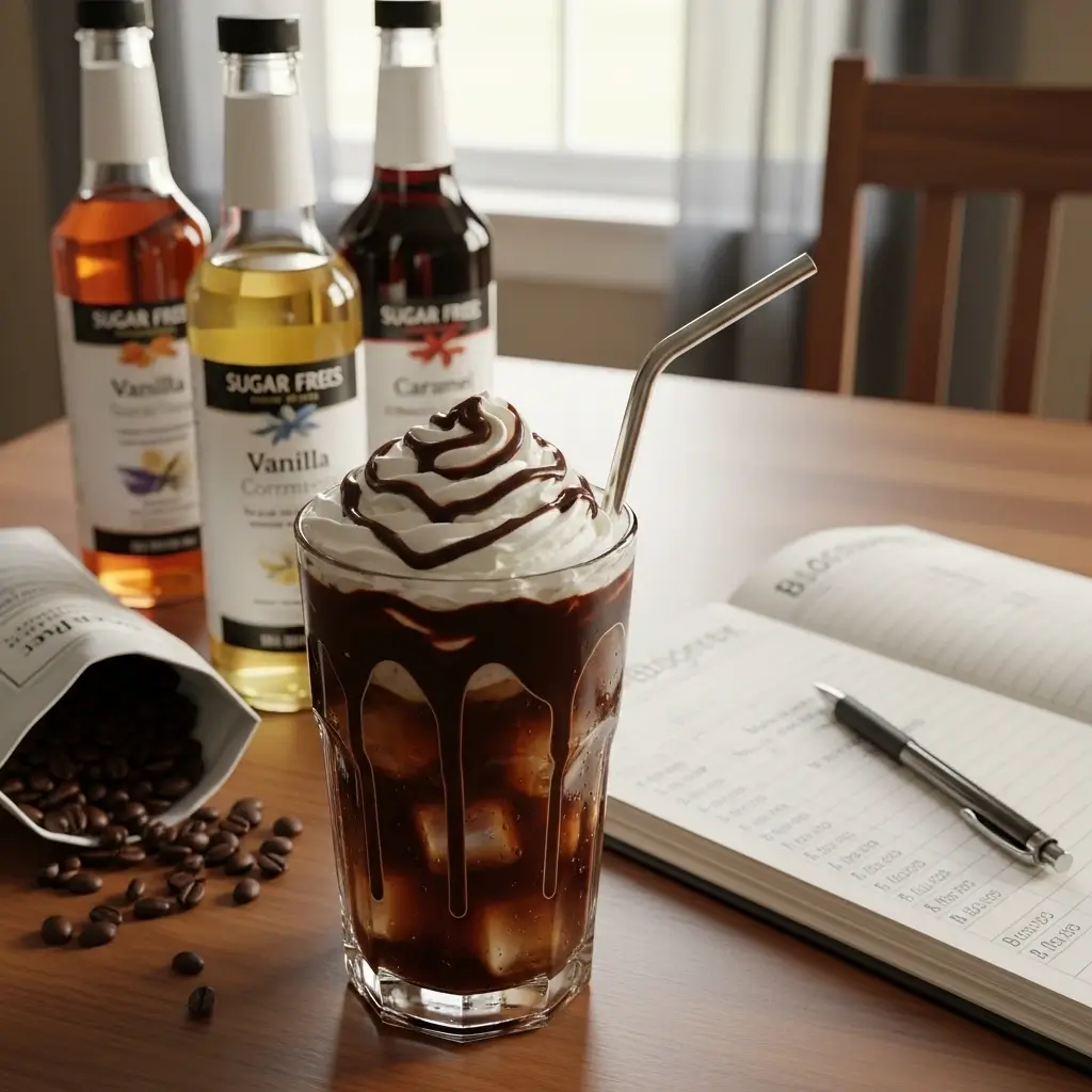 Homemade iced coffee with chocolate drizzle beside affordable coffee ingredients and a budget notebook on a kitchen table.