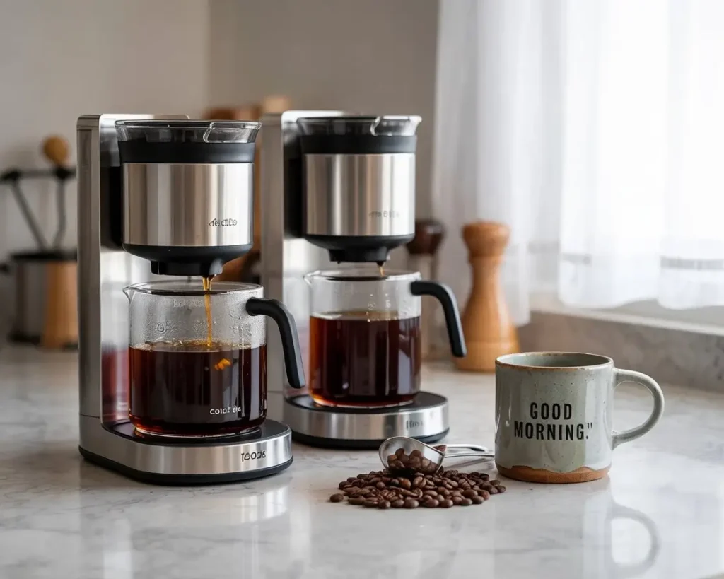 Top 3 cold brew coffee makers on a kitchen counter with brewing coffee, fresh beans, and a mug in natural light.