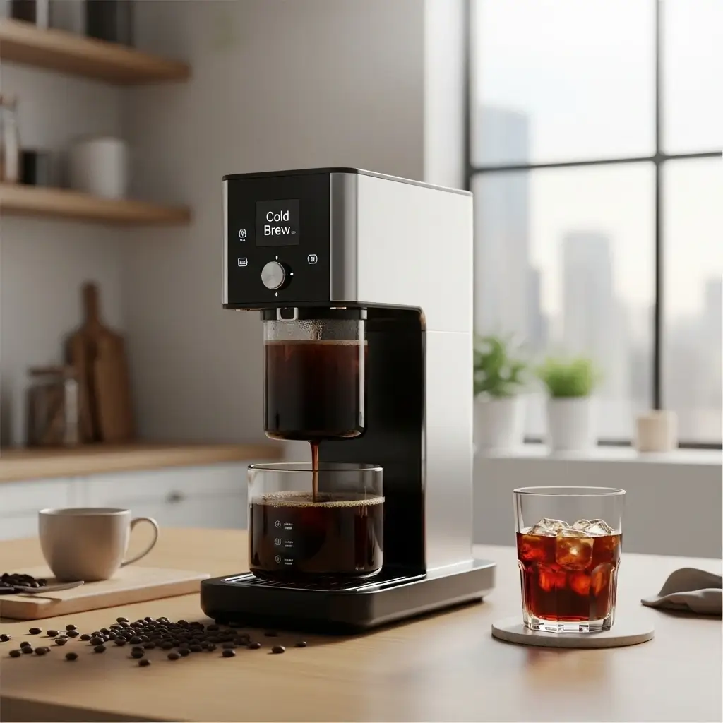Sleek cold brew coffee maker brewing fresh coffee with a glass of iced cold brew and coffee beans on a modern kitchen counter.