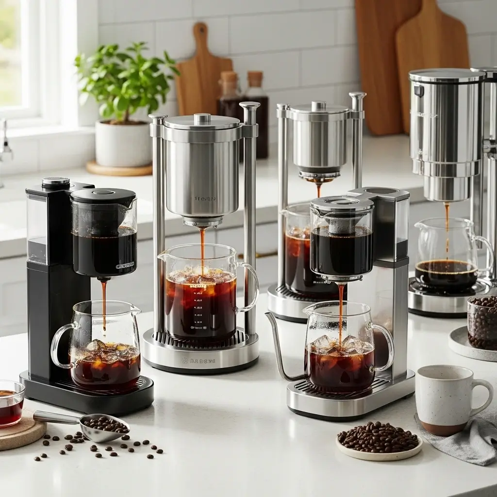 Top 5 cold brew coffee makers on a kitchen counter with coffee brewing, coffee beans, and a mug in bright natural light.