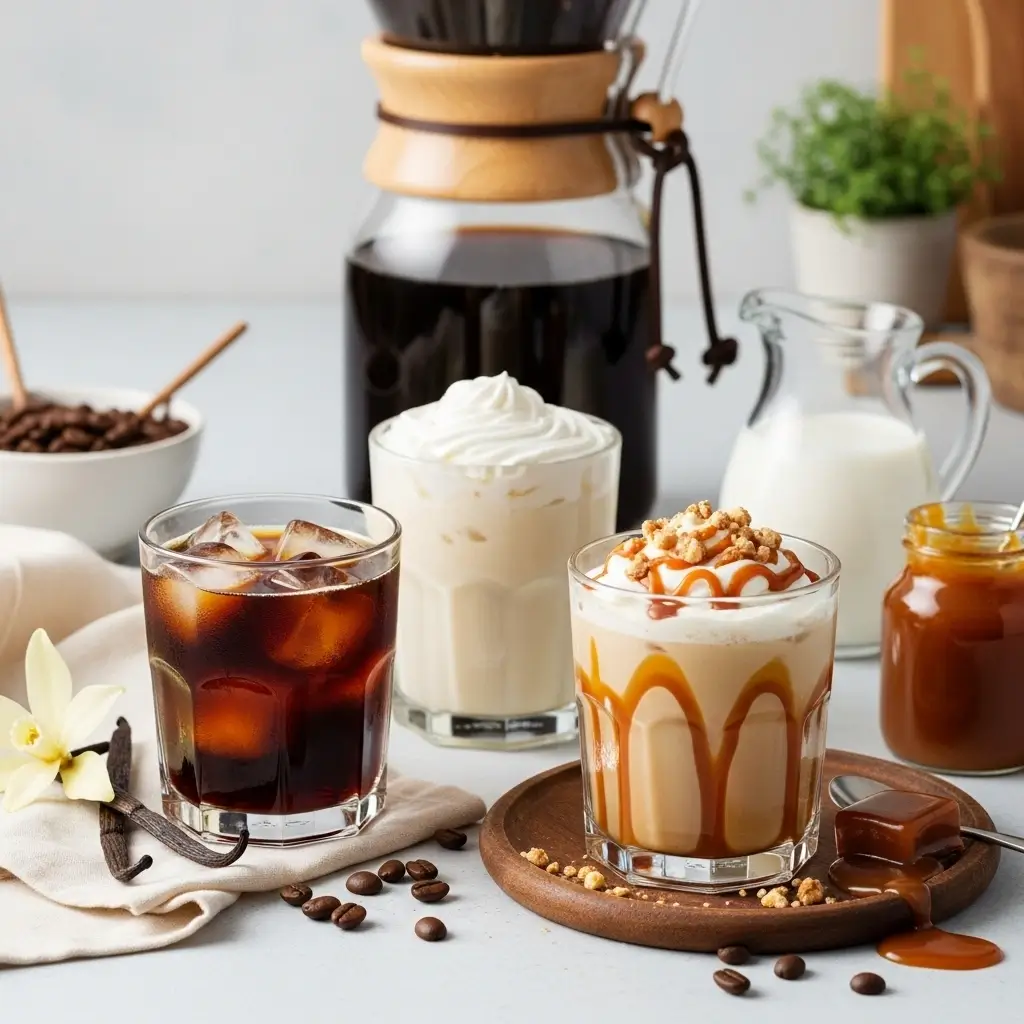 Three cold brew coffee recipes beside a cold brew maker with coffee beans, caramel sauce, and vanilla pods on a kitchen counter.