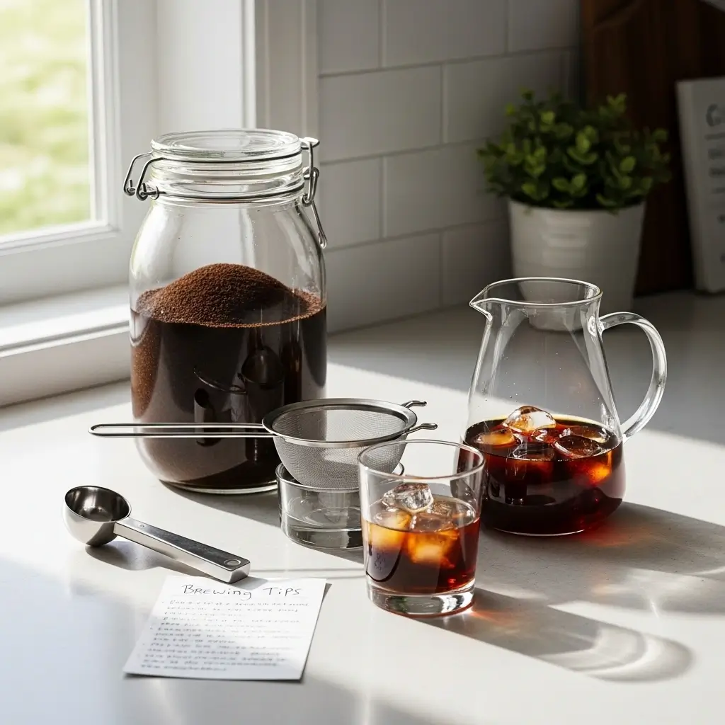 Cold brew coffee brewing setup on a kitchen counter with brewing tools, fresh cold brew, and a handwritten tips note.