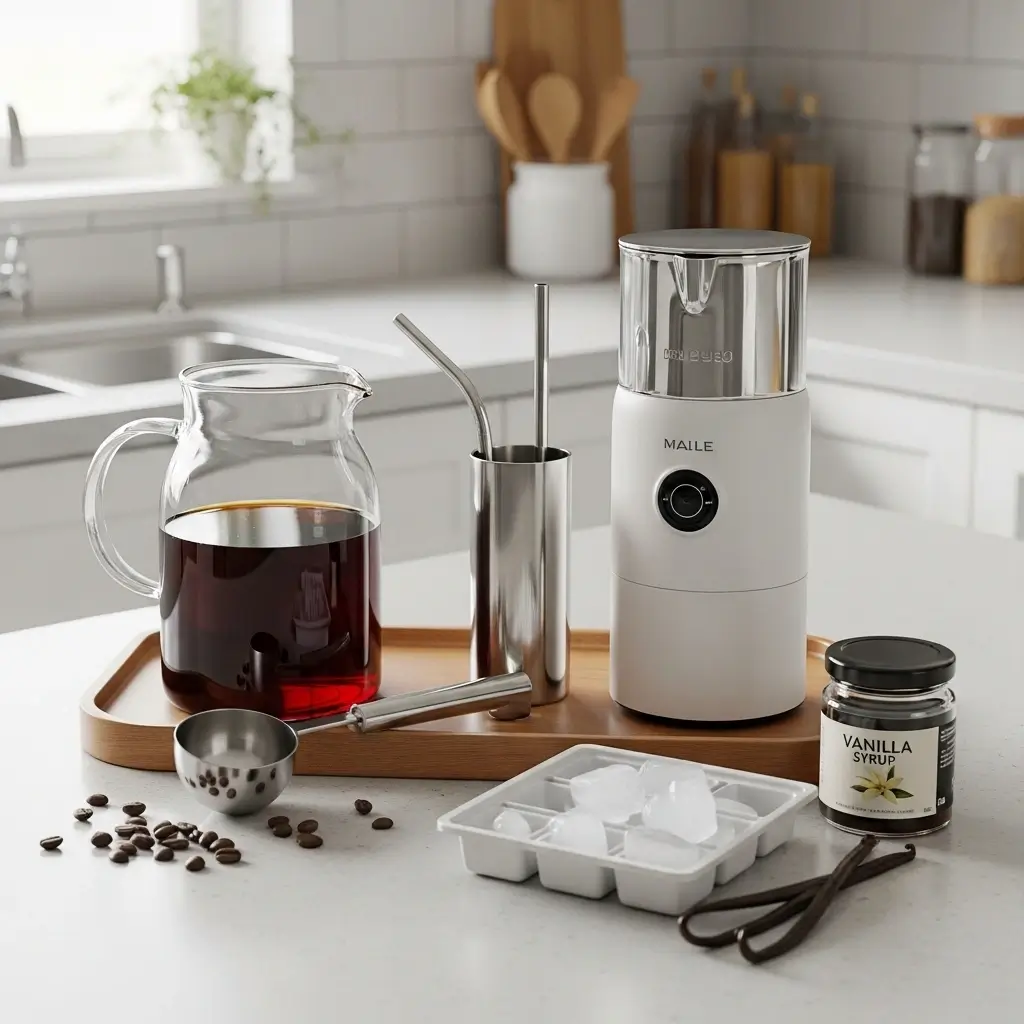 Cold brew coffee accessories including glass pitcher, coffee scoop, metal straw, ice trays, and syrup on a wooden tray.