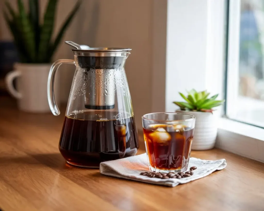 Glass cold brew pitcher with stainless steel filter beside iced coffee cup on a kitchen counter.
