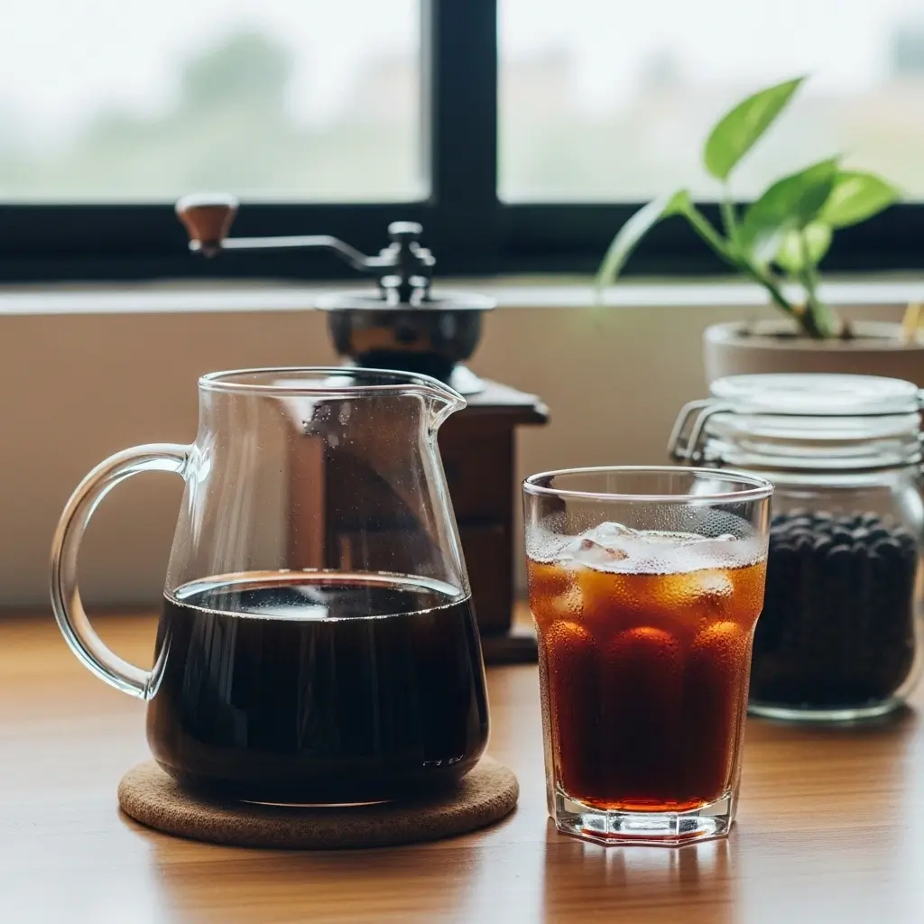Cold brew pitcher and iced coffee on a home counter with natural light.
