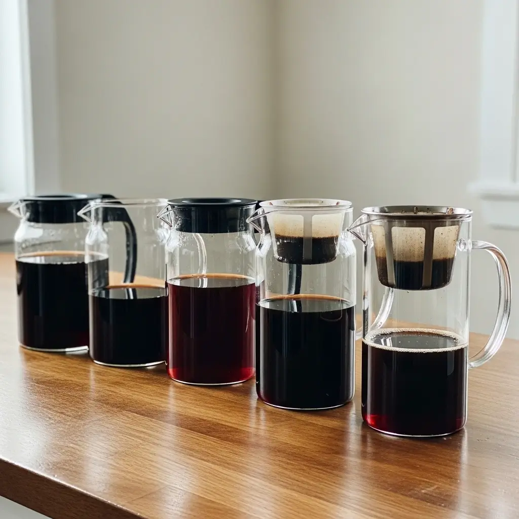 Five cold brew pitchers filled with coffee on a wooden counter in natural light.