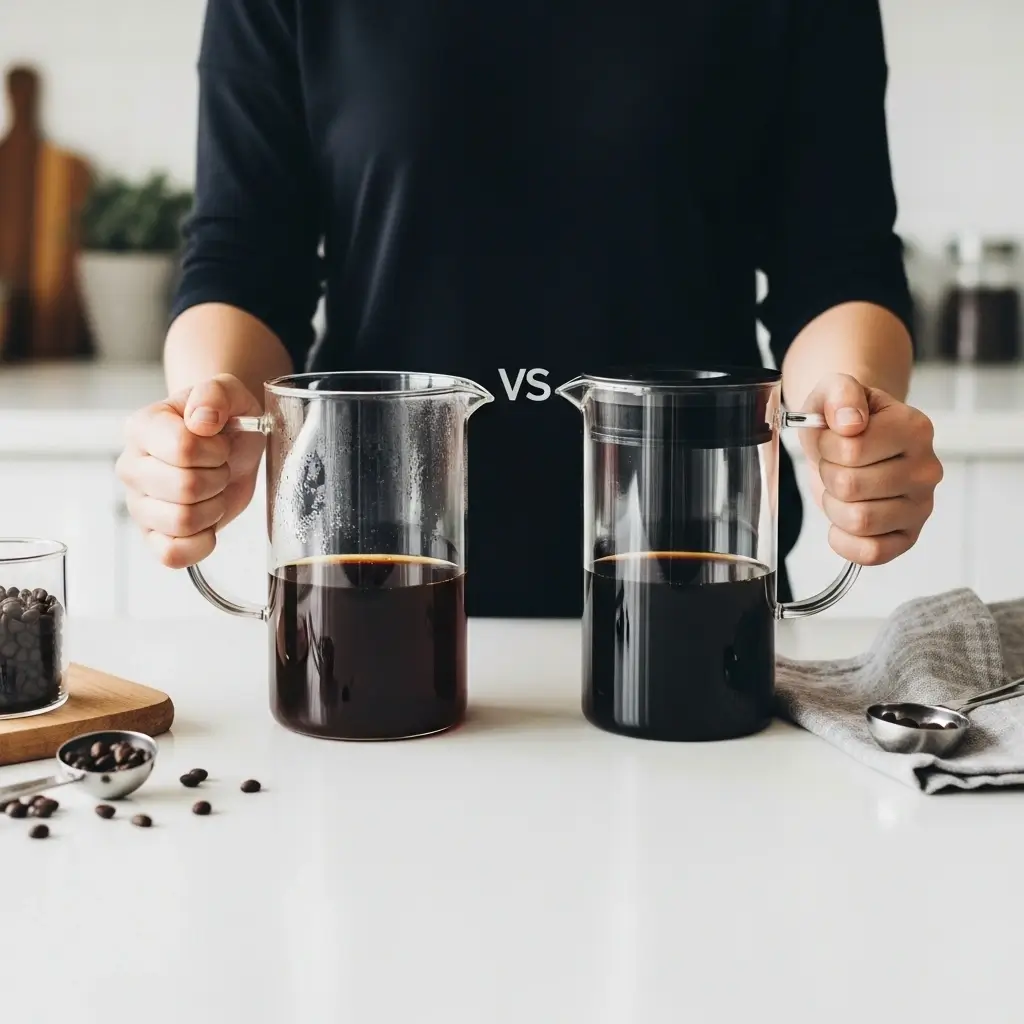 Person comparing two cold brew pitchers in a kitchen with coffee accessories.