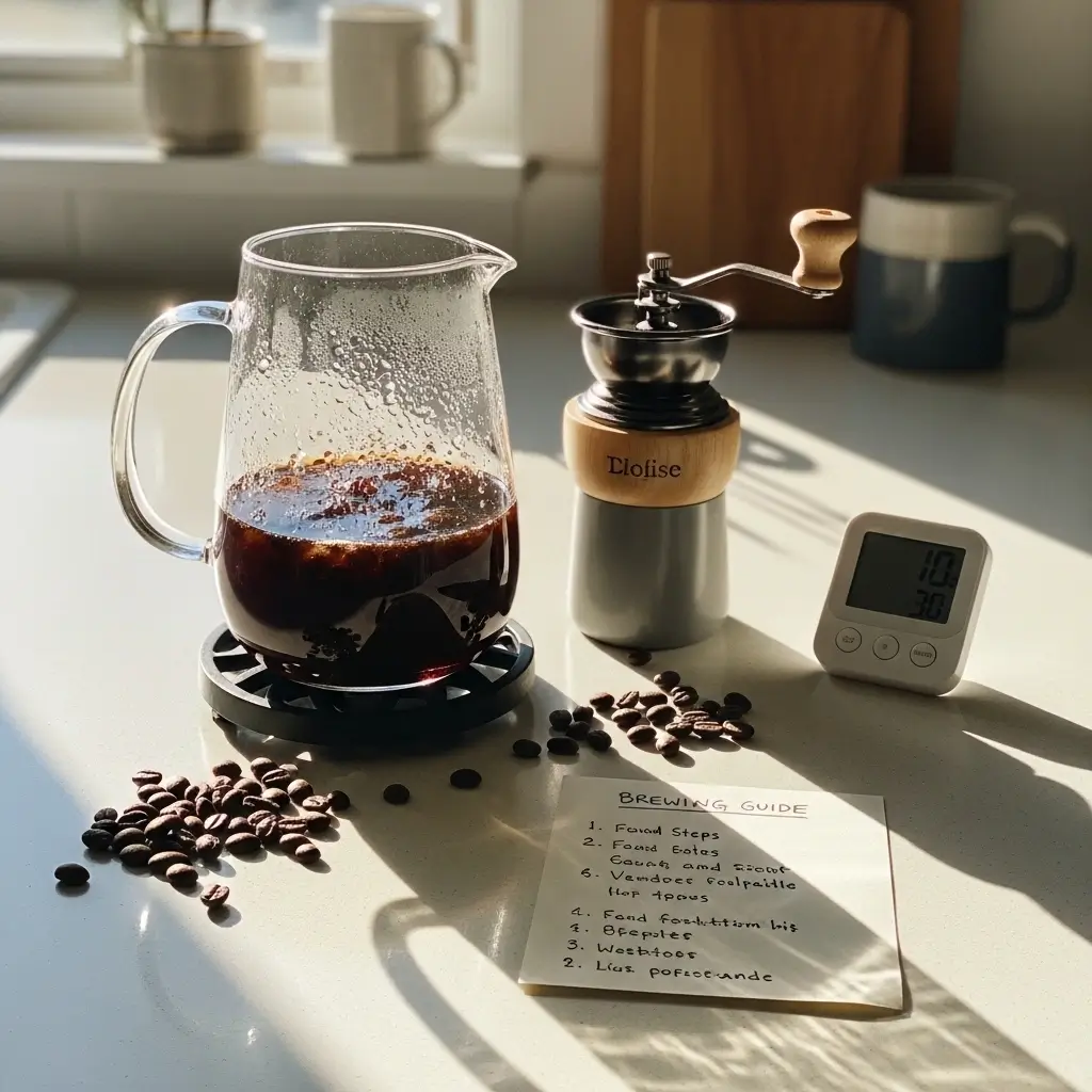 Cold brew pitcher steeping on a kitchen counter with coffee tools nearby.