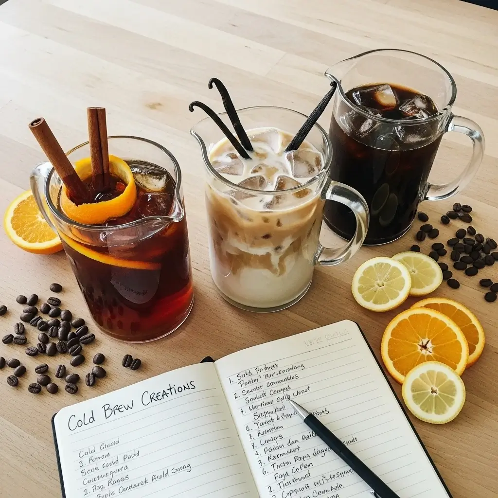 Three flavored cold brew pitchers with ingredients and recipe notes on a kitchen table.