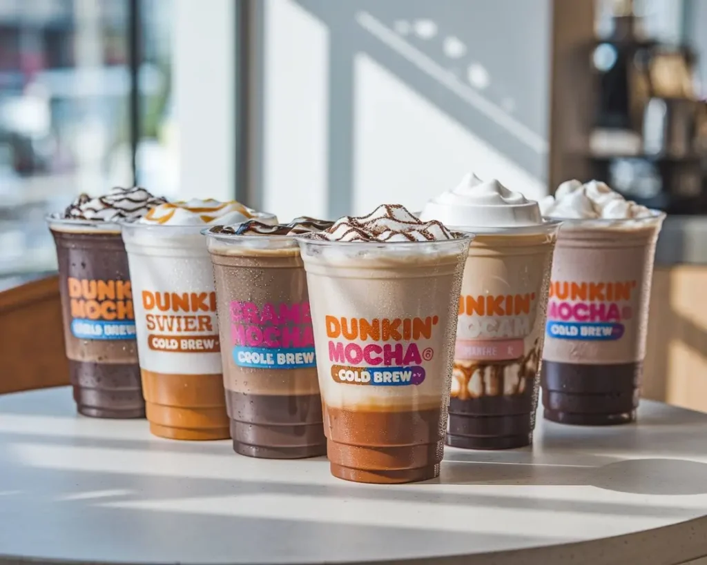 Five Dunkin’ cold brew drinks in branded cups with ice and various flavors on a coffee shop table.