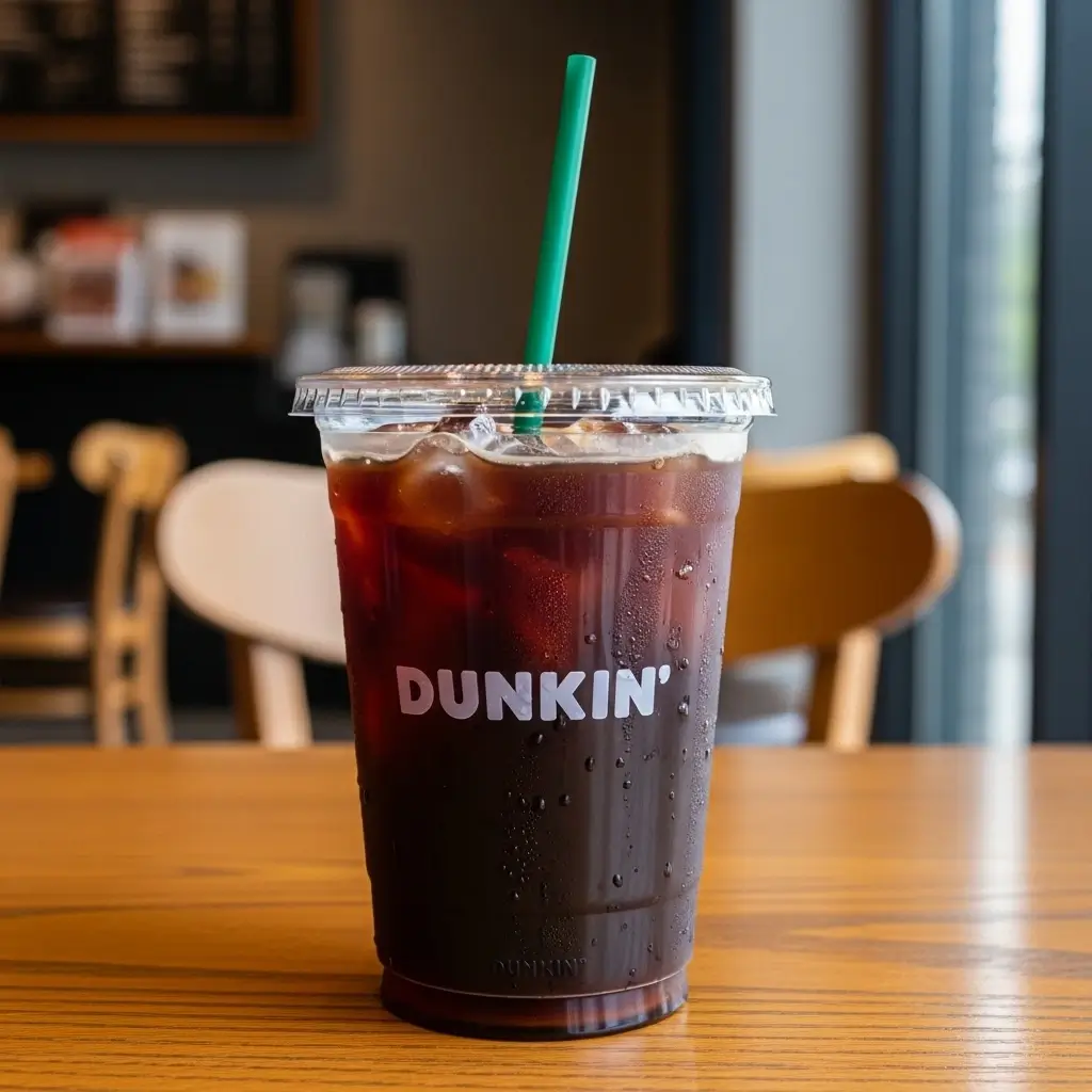 Classic Dunkin’ cold brew coffee in a branded cup with ice on a wooden table inside a café.