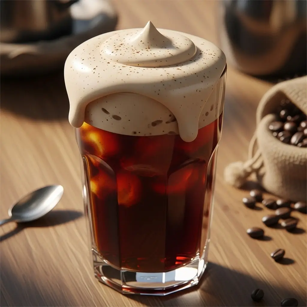 Cold brew coffee topped with thick sweet cold foam and a sprinkle of cocoa powder on a wooden table.