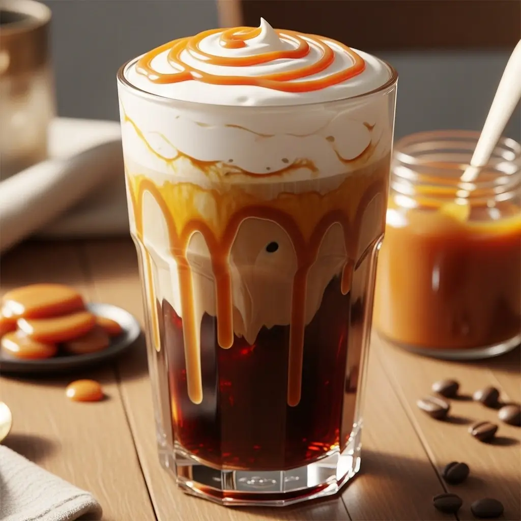 Cold brew coffee with caramel swirls and cream topping in a clear glass on a wooden table.