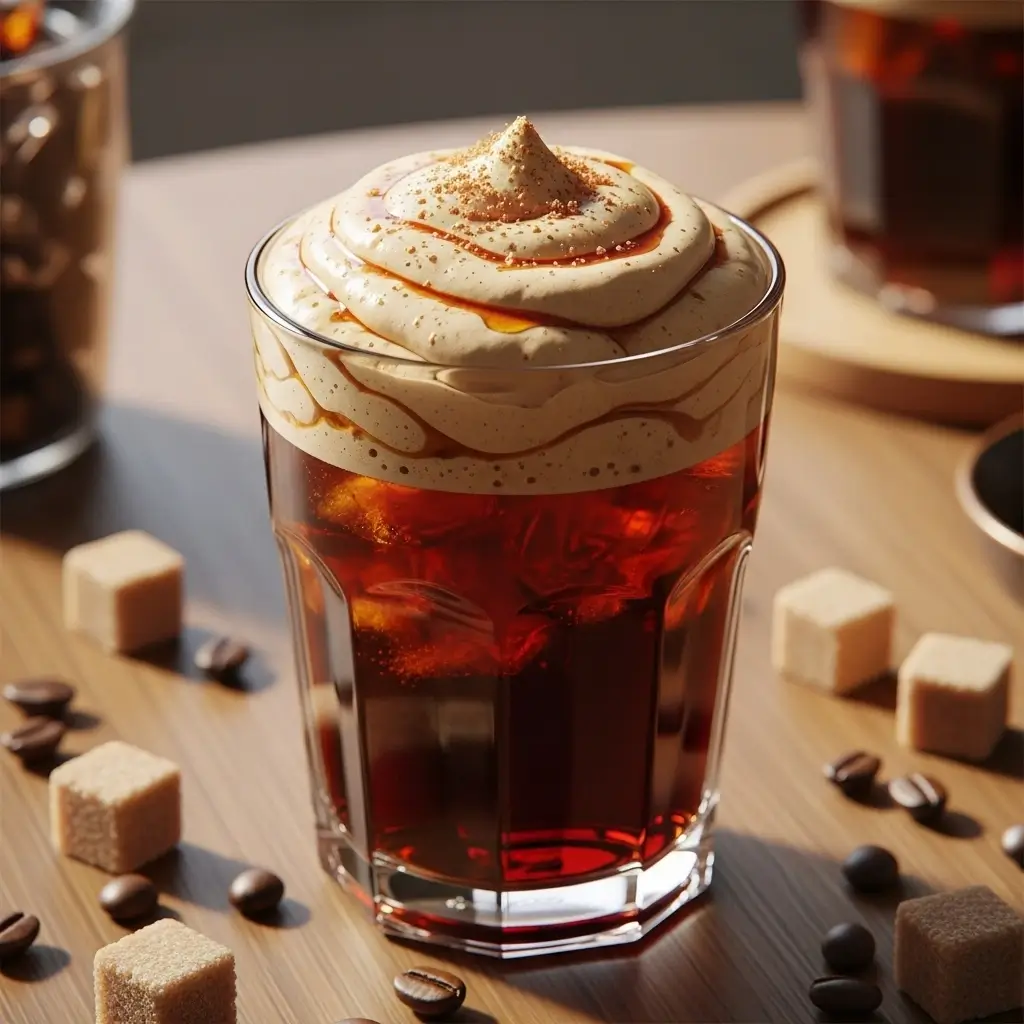 Brown sugar cold brew topped with sweet cold foam and brown sugar crystals on a wooden table.