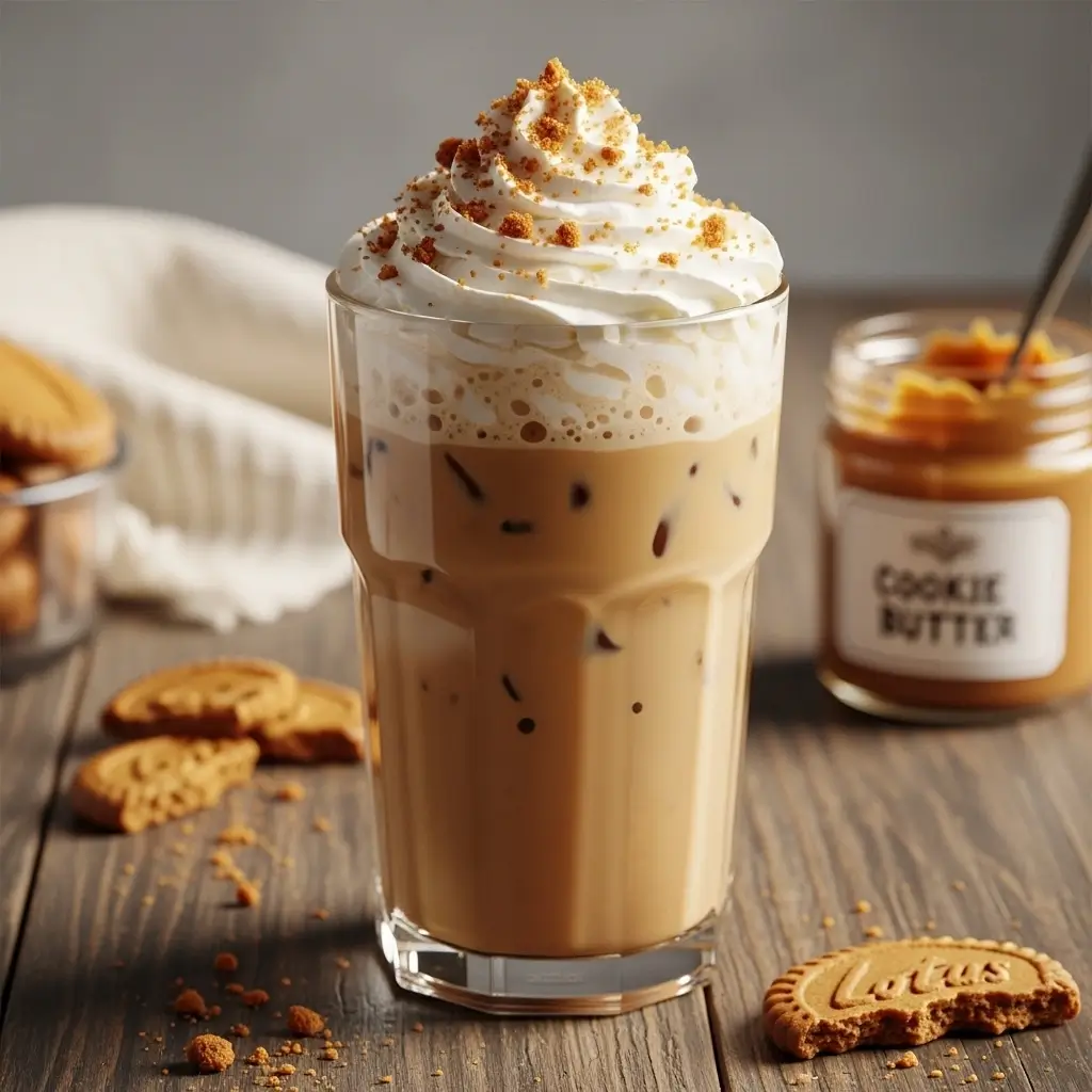 Cookie Butter Cold Brew topped with whipped cream and cookie crumbs on a wooden table with cookie pieces.