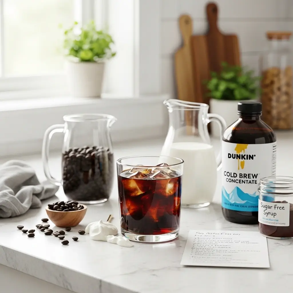 Homemade Dunkin-style cold brew in a clear glass with ingredients and a recipe card on a kitchen counter.