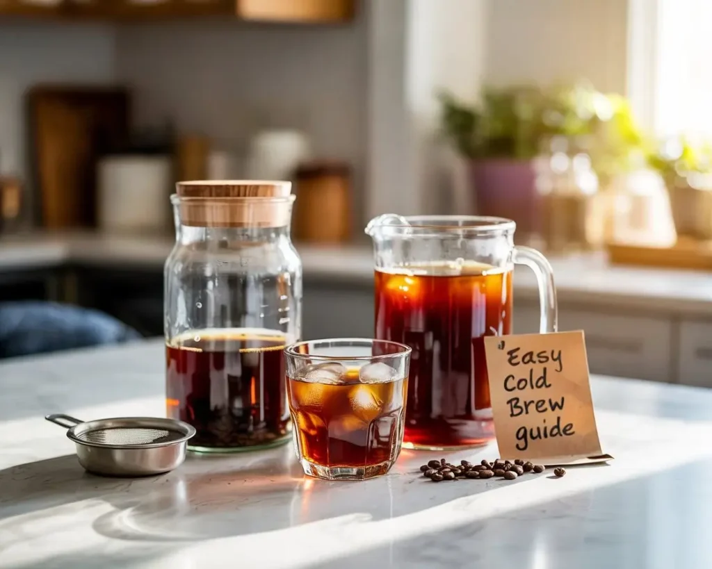 Cold brew coffee making setup with jar, strainer, pitcher, and glass on a sunlit kitchen counter.
