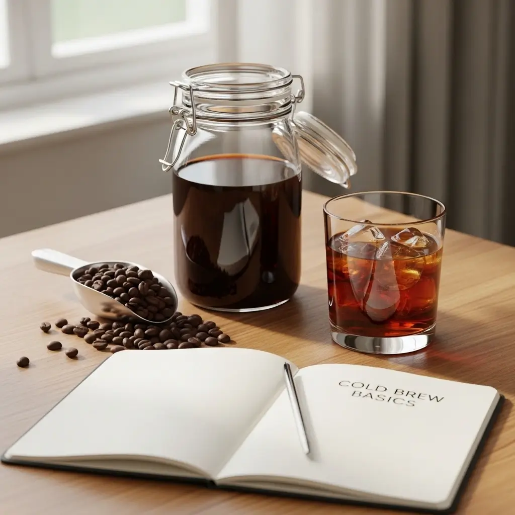 Cold brew coffee concentrate jar, coffee beans, and iced glass with a notebook titled “Cold Brew Basics” on a wooden table.