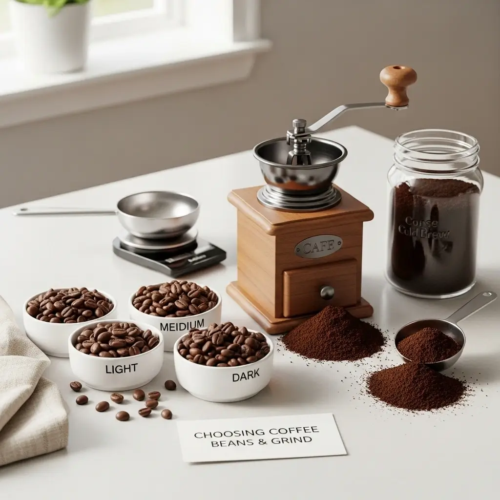 Various coffee beans by roast and a manual grinder with coarse grounds on a kitchen table with a note card.