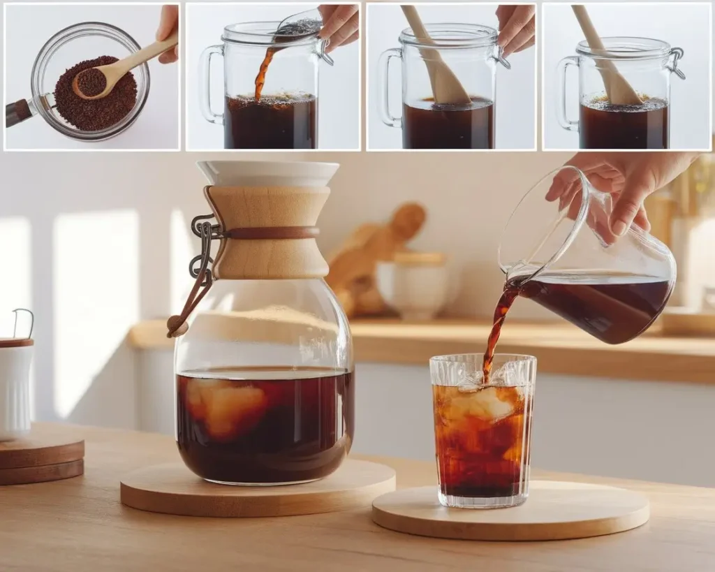 Step-by-step cold brew coffee brewing process at home with jar, coffee grounds, water, and glass.