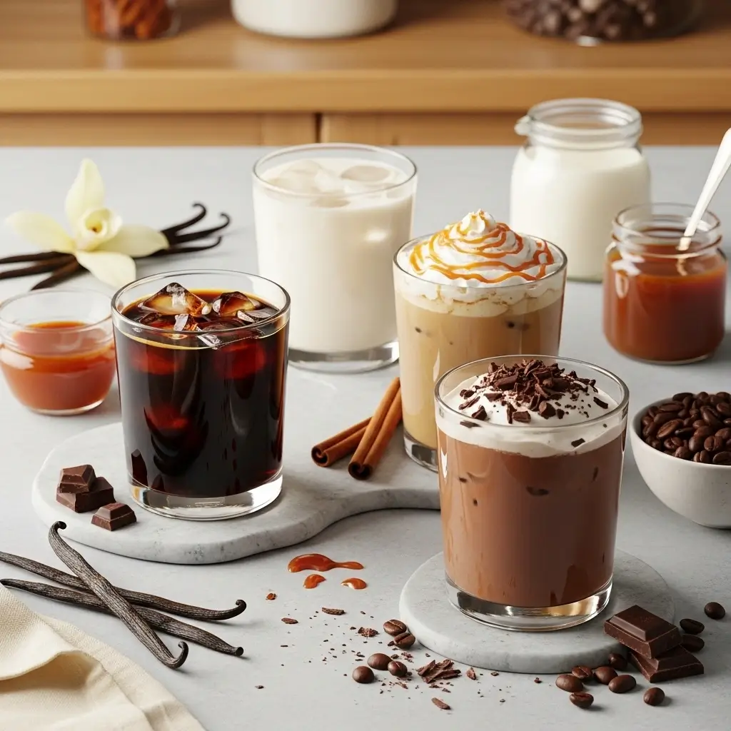 Four creative cold brew coffee recipes in clear glasses with vanilla, caramel, cinnamon, and chocolate ingredients on a kitchen counter.