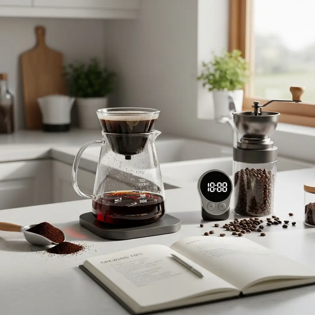 Cold brew pitcher, coffee grinder, timer, and handwritten tips on a kitchen counter in natural light.