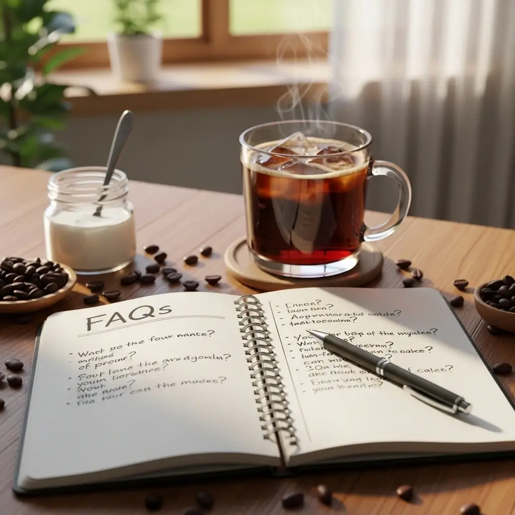 Cold brew coffee mug beside an open notebook titled “FAQs” on a wooden table with coffee beans.