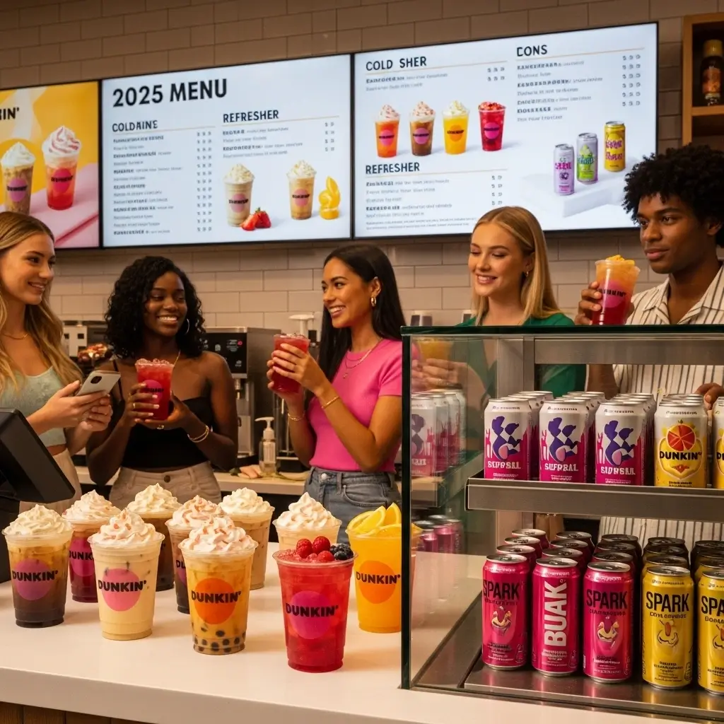 A lineup of Dunkin’s new 2025 drinks including cold brews, refreshers, and energy beverages on a modern store counter.