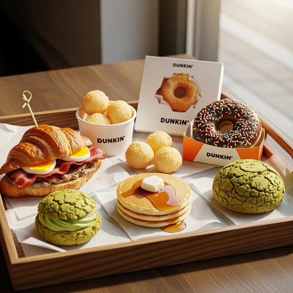Dunkin’s 2025 savory and sweet food additions displayed on a wooden tray in natural café lighting.