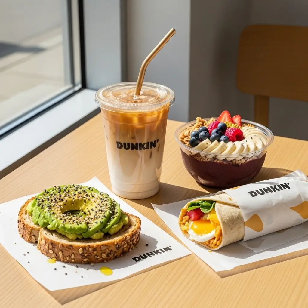 Dunkin’s 2025 healthy menu items including avocado toast, acai bowl, and oat milk iced coffee in natural light.