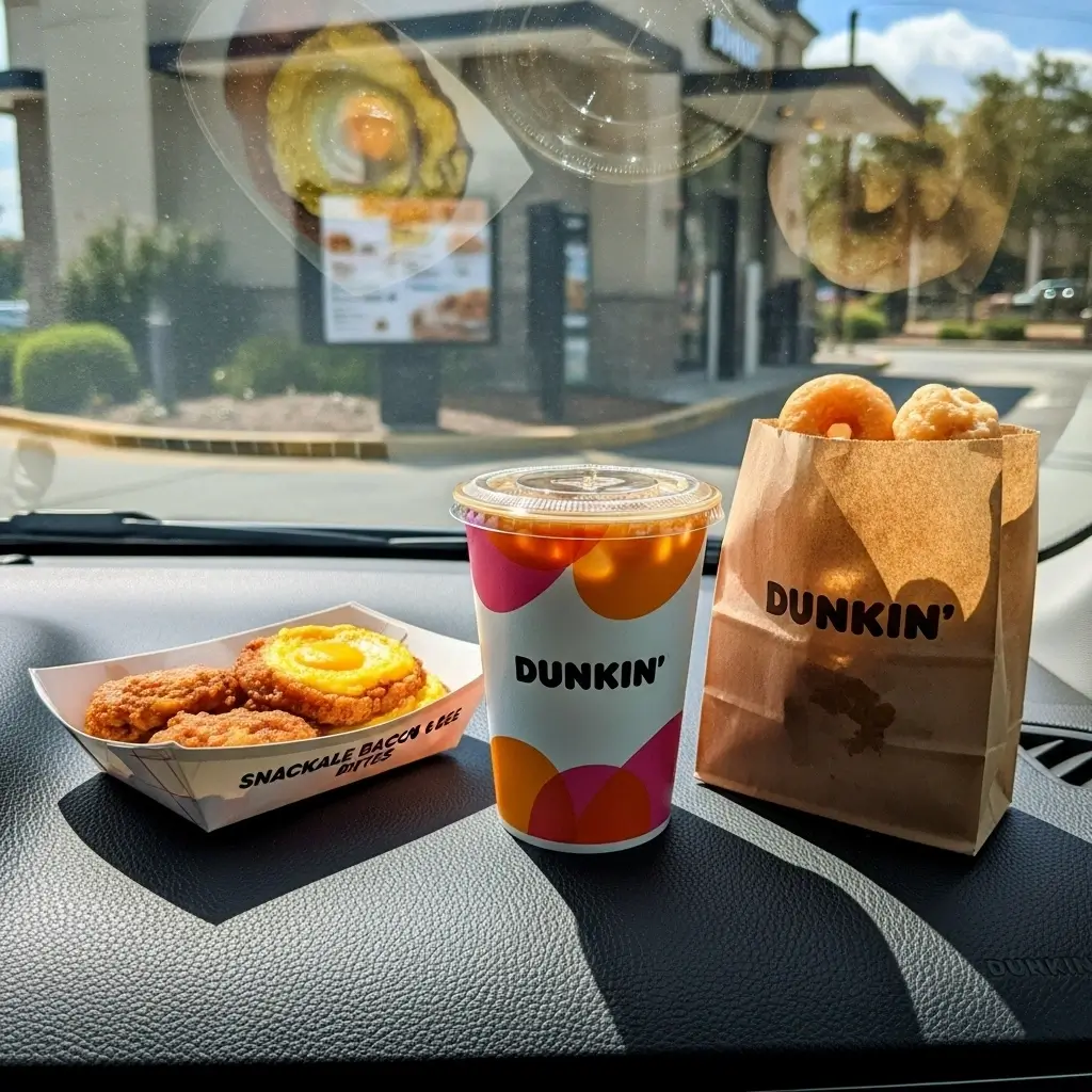 Dunkin’ iced coffee and snack items placed on a car dashboard for a convenient, on-the-go meal.