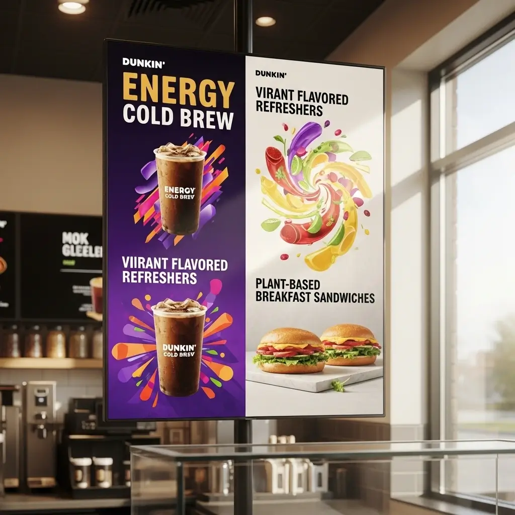 Dunkin’s futuristic 2025 digital menu board displaying innovative drinks and food options.