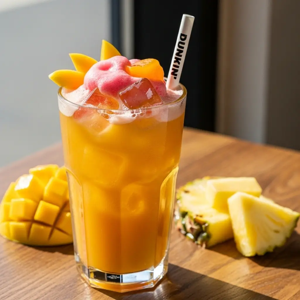 Golden Hour Cold Brew Refresher in a clear glass with fruit foam and fresh mango and pineapple slices on a wooden table.