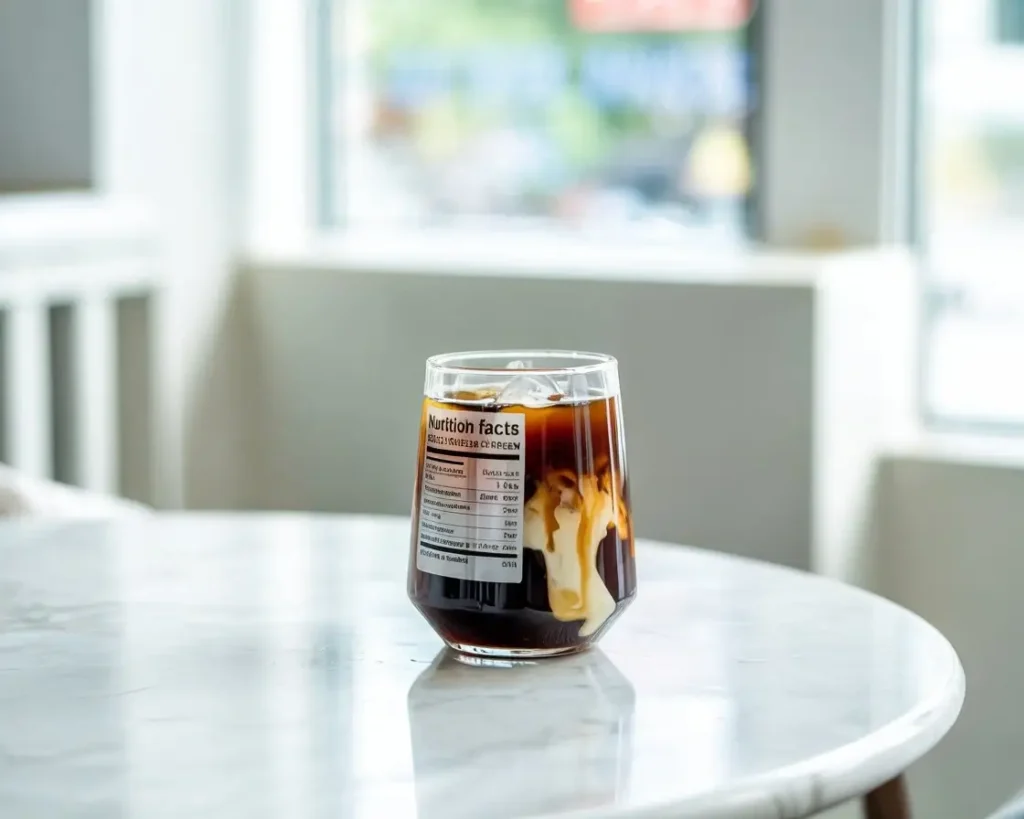 Vanilla sweet cream cold brew in a clear glass with cream swirl and a blurred nutrition label in the background.