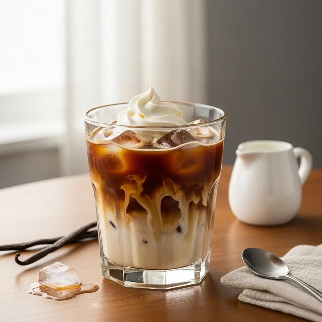 Glass of vanilla sweet cream cold brew with swirling cream, vanilla beans, and cream pitcher on a café table.