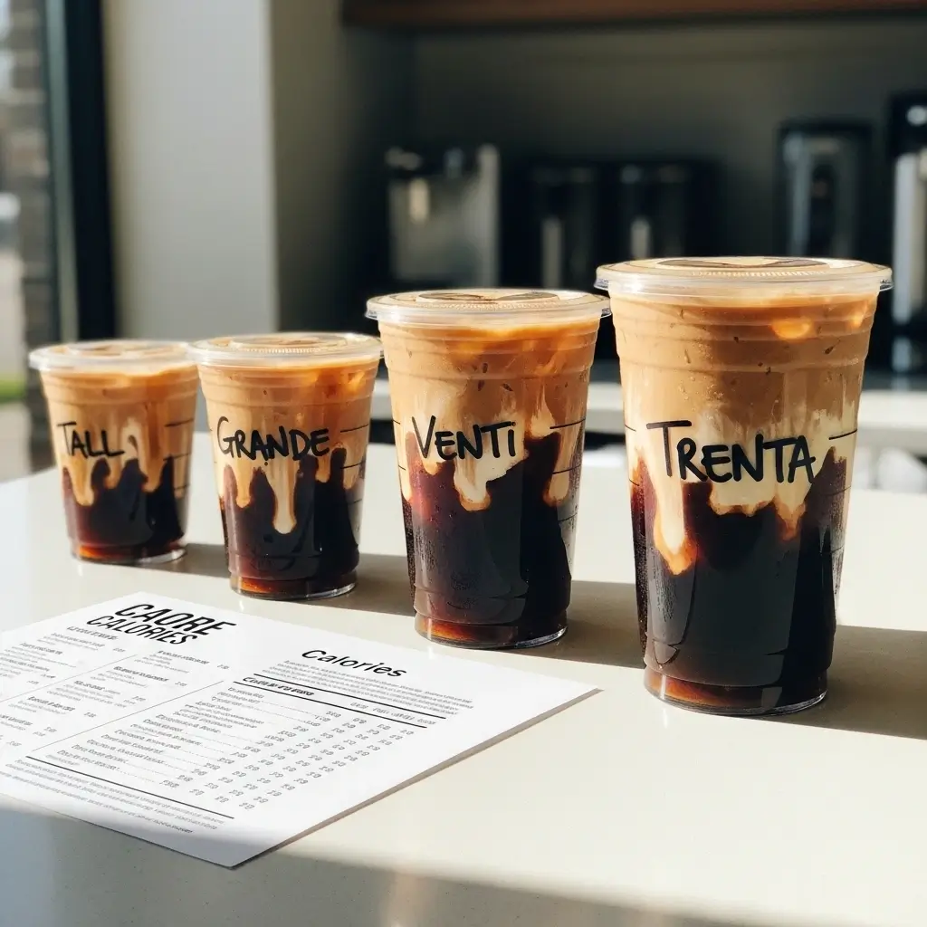 Four Starbucks vanilla sweet cream cold brews from Tall to Trenta sizes with visible cream and a calorie chart.