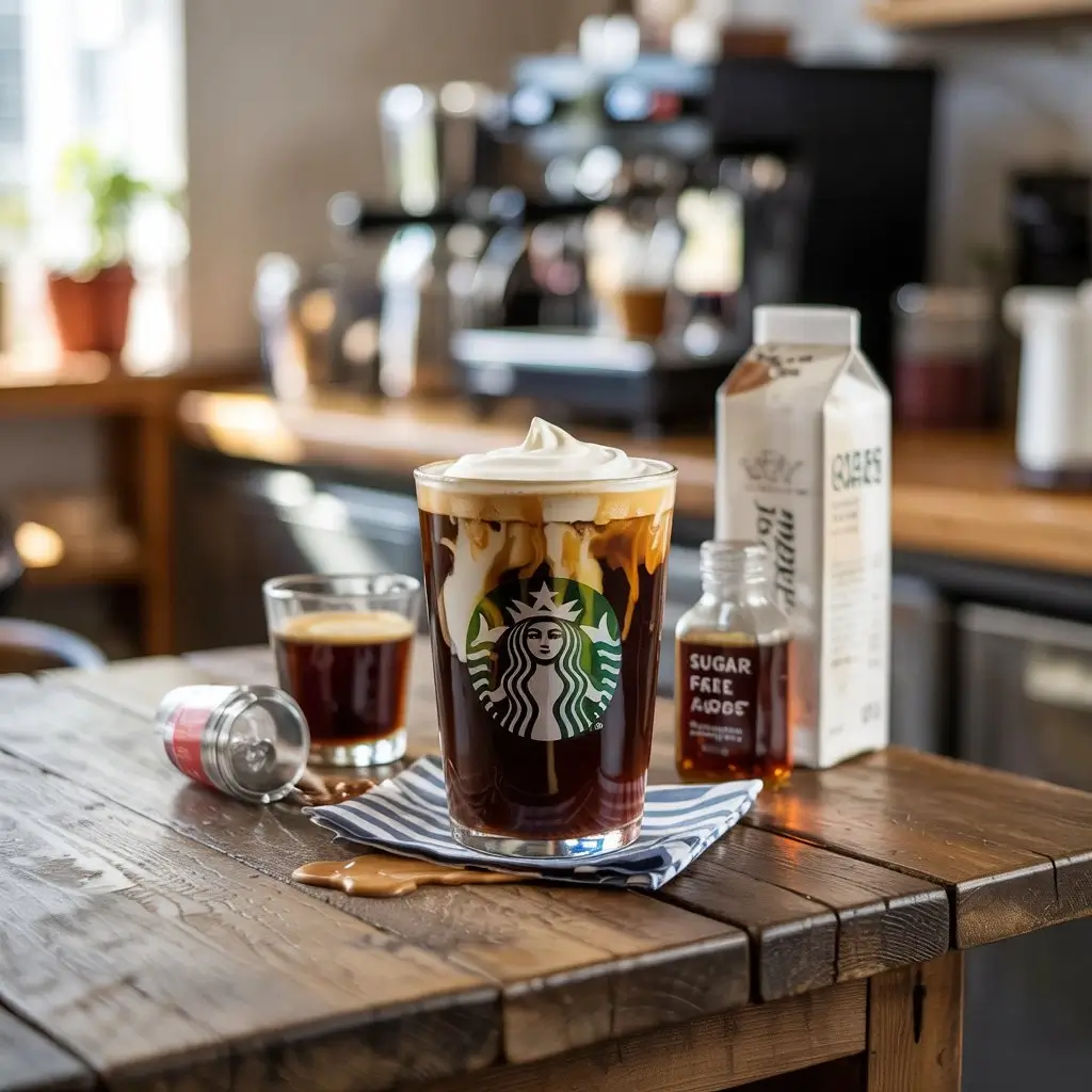 Vanilla sweet cream cold brew surrounded by various add-ons like syrup, oat milk, caramel, and espresso.