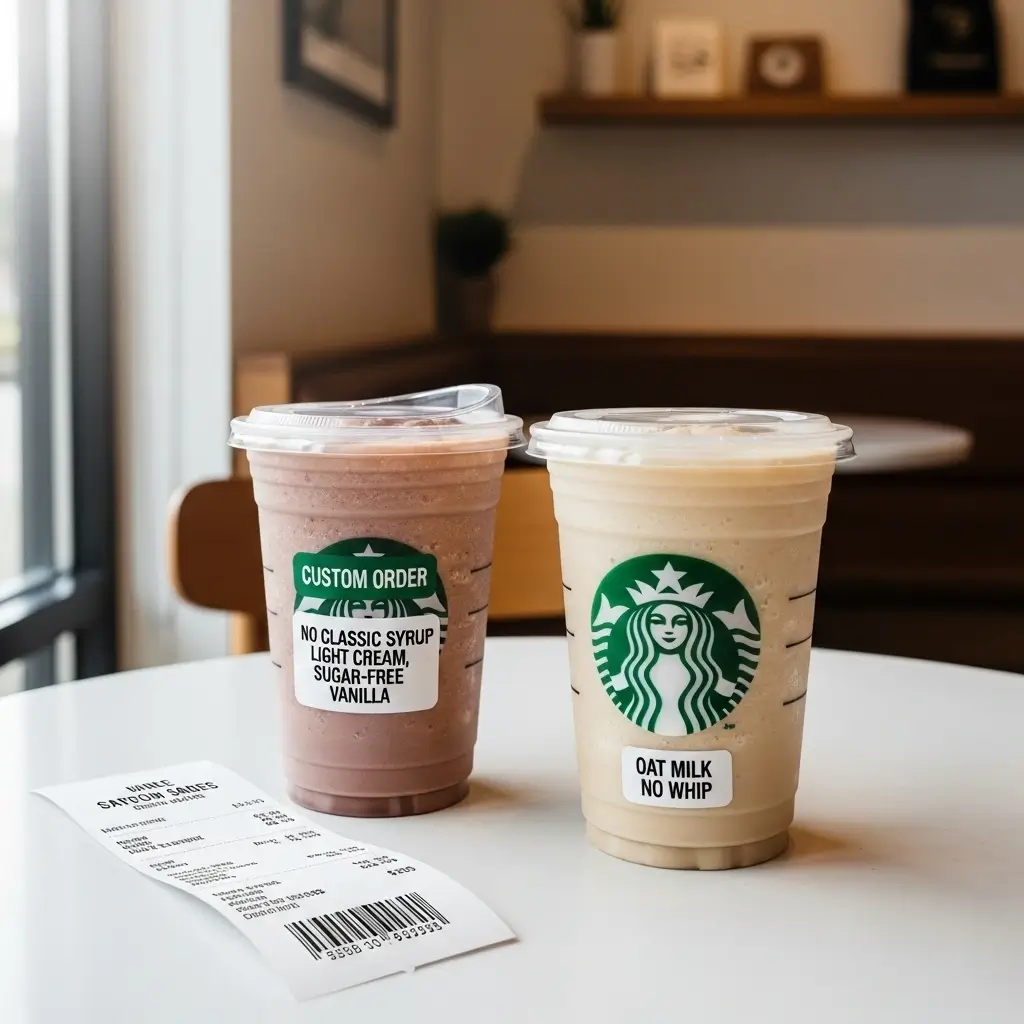 Two customized Starbucks cold drinks with visible order stickers and receipt showing savings.