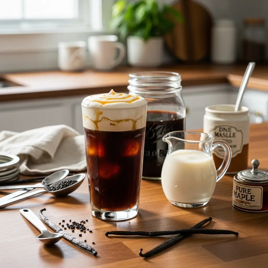 Homemade vanilla sweet cream cold brew with natural ingredients and tools on a kitchen counter.