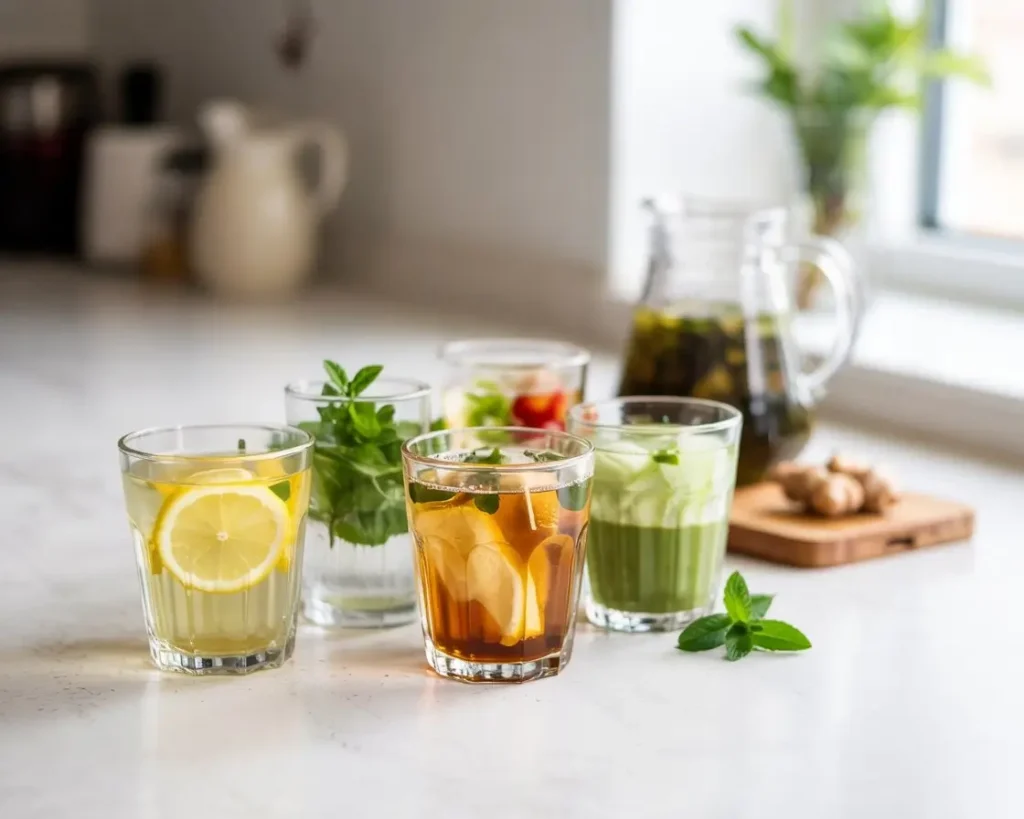 Five cold brew green teas with fresh ingredients like lemon, mint, honey, ginger, and matcha on a kitchen counter.
