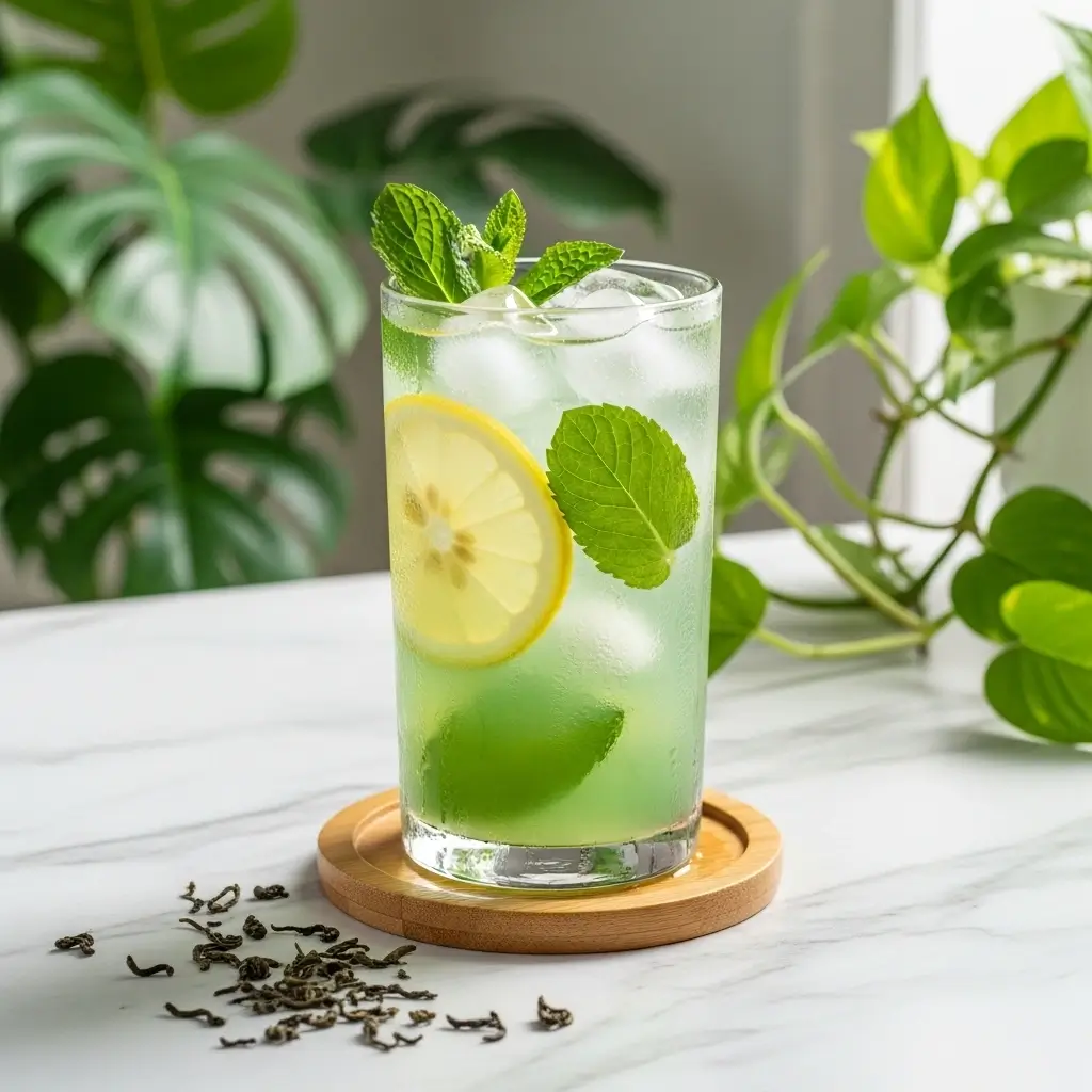 Cold brew green tea in a tall glass with mint and lemon, sitting on a marble counter with natural sunlight.