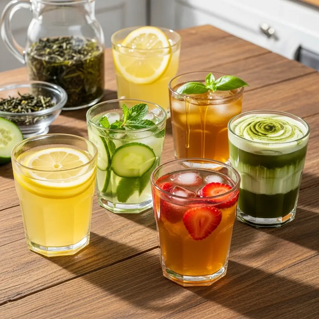 Five glasses of cold brew green tea in different flavors including lemon, cucumber-mint, strawberry, honey-basil, and matcha.