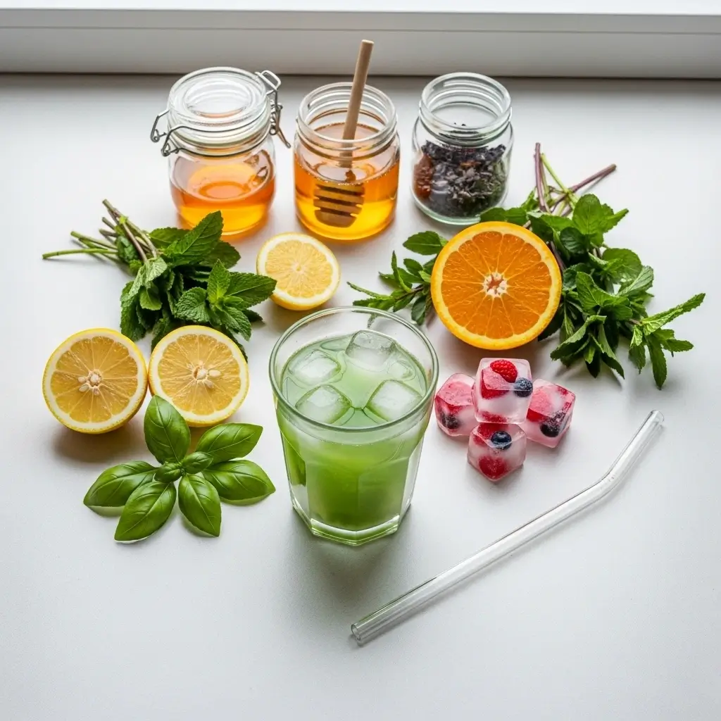 Cold brew green tea surrounded by flavor-boosting ingredients like citrus, herbs, sweeteners, and berry ice cubes.