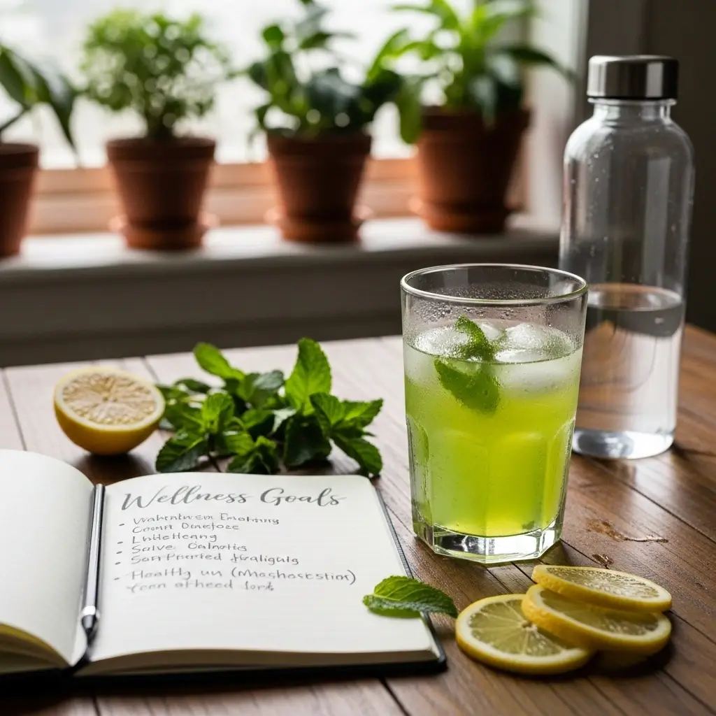 Cold brew green tea on a table with wellness-themed items like mint, lemon, a notepad, and water bottle in natural light.