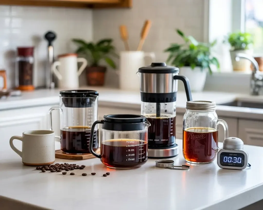 Five types of cold brew coffee makers on a kitchen counter, each with a unique design and brewing setup.