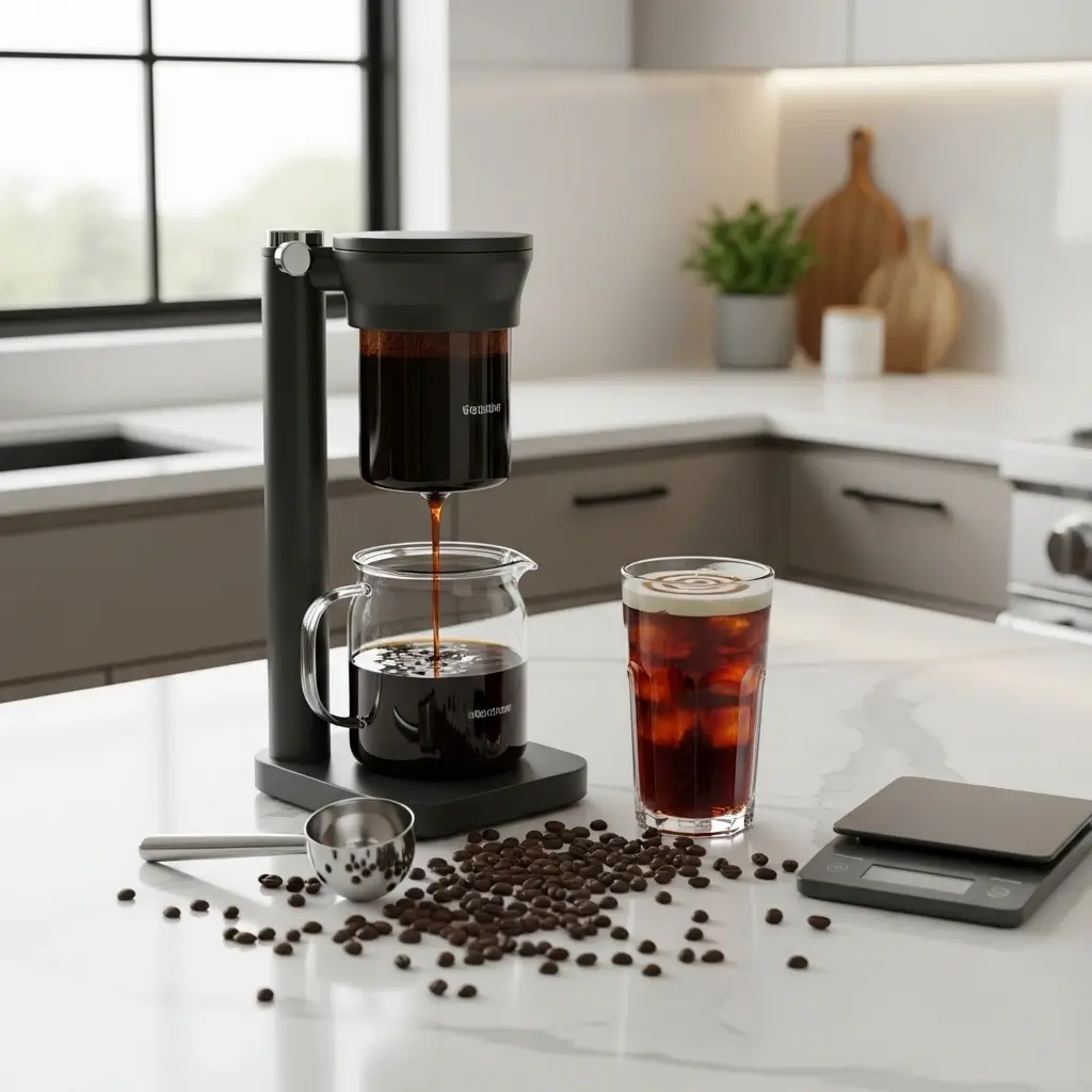 Cold brew coffee maker on a kitchen counter with fresh coffee brewing, an iced glass, and coffee beans.