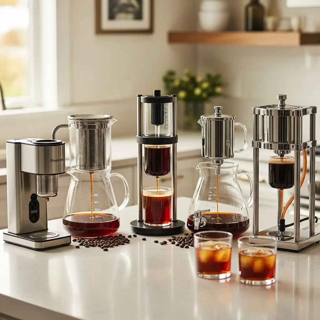Five high-end cold brew makers displayed on a kitchen counter with fresh cold brew coffee in glasses.